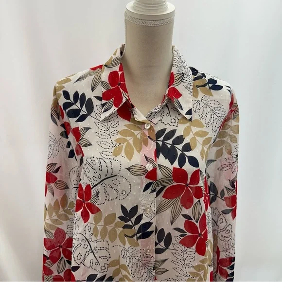 Alfred Dunner White w Red Multi Floral 3/4 Sleeve Top Plus Size 22W Swiss Dot - Picture 3 of 8